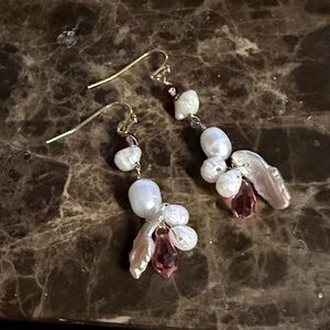 Pearl Biwa fresh water pearls and white pearls Pink crystal pierced Earrings